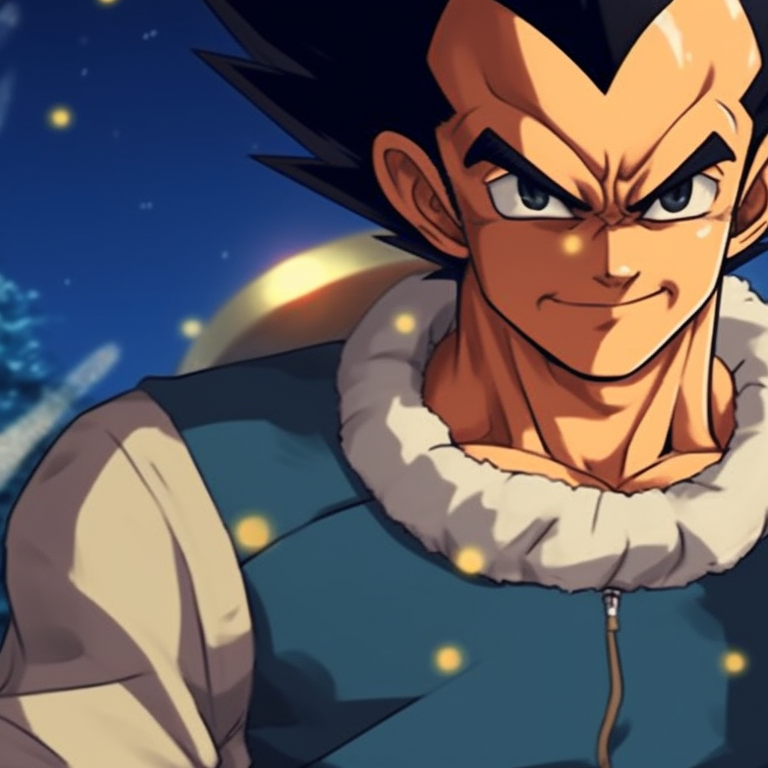 Vegeta and Bulma with a glowing aura, hinting a power-up, against a Christmas-themed backdrop. christmas dragonball bulma and vegeta matching pfp themes pfp for discord.