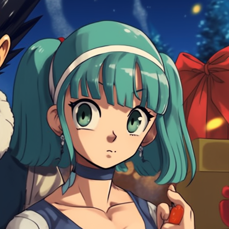 Vegeta and Bulma with a glowing aura, hinting a power-up, against a Christmas-themed backdrop. christmas dragonball bulma and vegeta matching pfp themes pfp for discord.