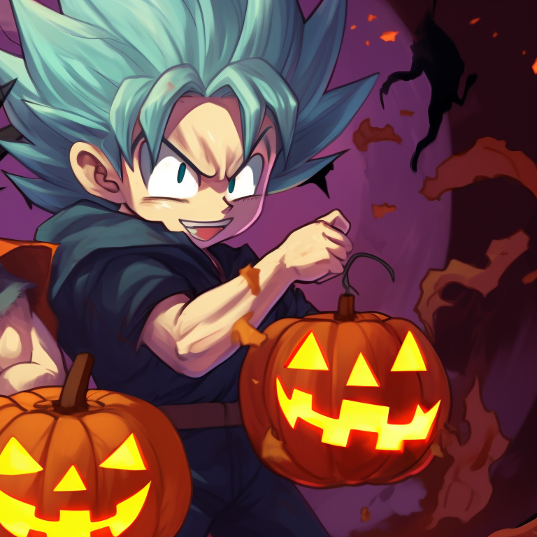 Goku and Vegeta in monstrous guise, vibrant colors and exaggerated features, posing in the Halloween night. goku and vegeta dragon ball halloween theme pfp pfp for discord.