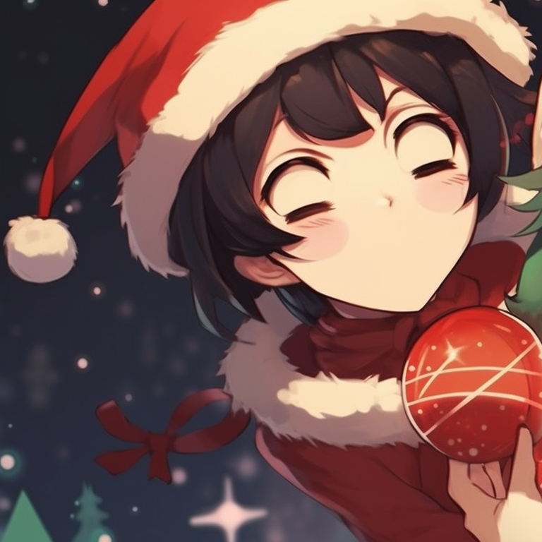 Two characters exchanging Christmas presents, focusing on their surprised expressions and the vibrant colors of the wrapped gifts. vibrant matching christmas discord pfp pfp for discord.