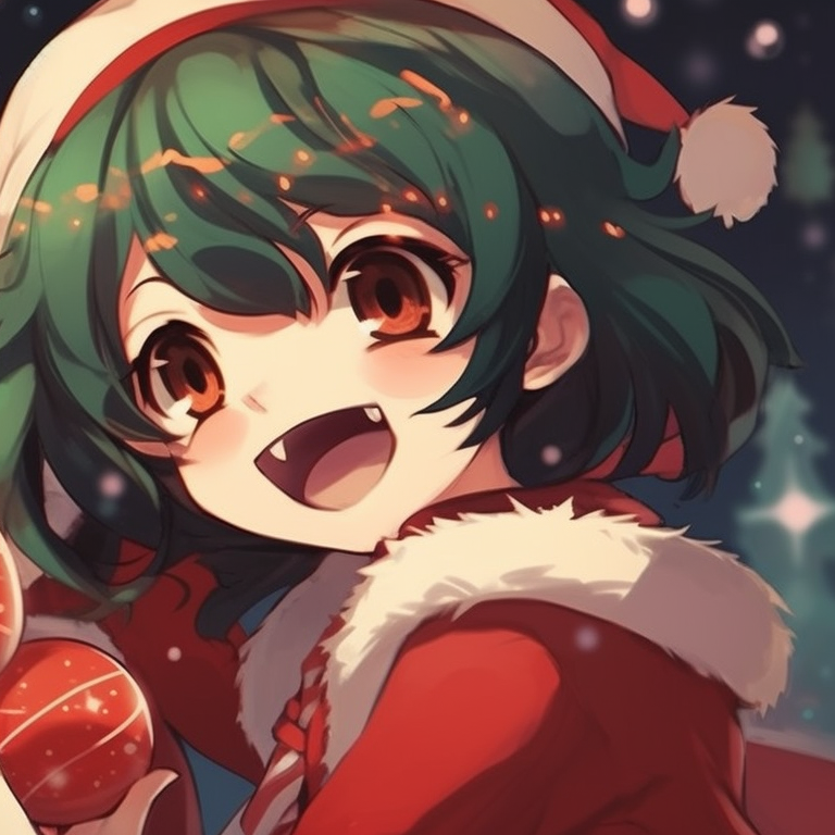 Two characters exchanging Christmas presents, focusing on their surprised expressions and the vibrant colors of the wrapped gifts. vibrant matching christmas discord pfp pfp for discord.