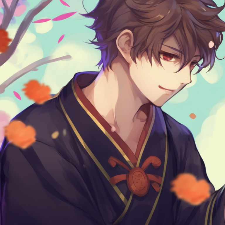 Two characters under a blossom tree, vibrant colours with Japanese clothes. discord matching pfp anime edition pfp for discord.