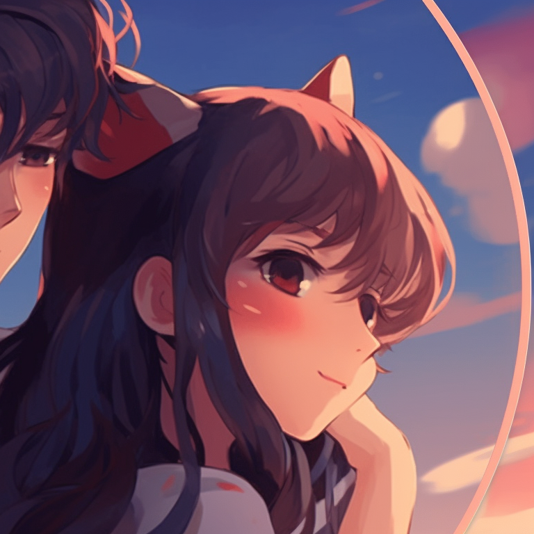 Two characters, muted palette, whispering to each other, implying a sweet conversation. matching pfp for romantic cartoon couples pfp for discord.