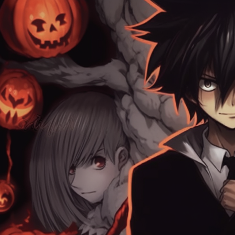 Two characters in the center, one towering over the other, both surrounded by an otherworldly glow, a multitude of red eyes in the dark lurking. death note matching pfp halloween theme: spooky edition pfp for discord.