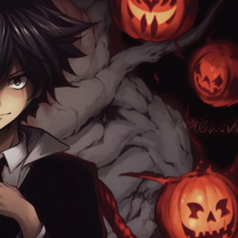 Two characters in the center, one towering over the other, both surrounded by an otherworldly glow, a multitude of red eyes in the dark lurking. death note matching pfp halloween theme: spooky edition pfp for discord.