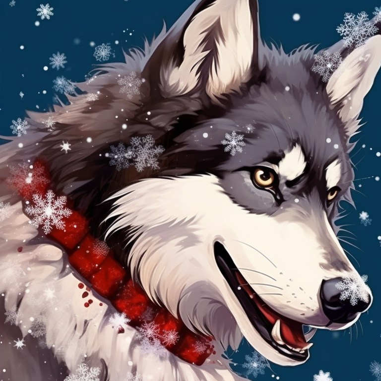 Two wolf characters, starlit sky and pine trees, noses touching underneath mistletoe. holiday matching christmas wolf pfp pfp for discord.