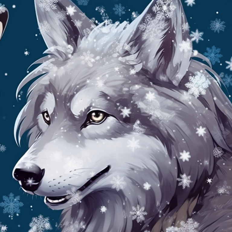 Two wolf characters, starlit sky and pine trees, noses touching underneath mistletoe. holiday matching christmas wolf pfp pfp for discord.