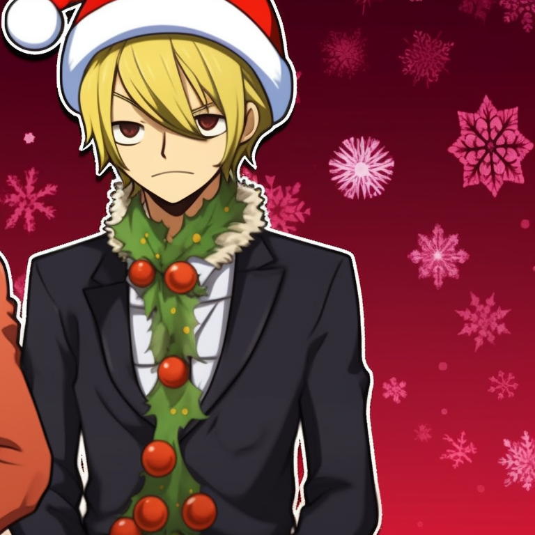 Close-up of two Sanji characters, wearing chef aprons and Santa hats, embodying holiday warmth. matching sanji christmas pfp one piece variations pfp for discord.