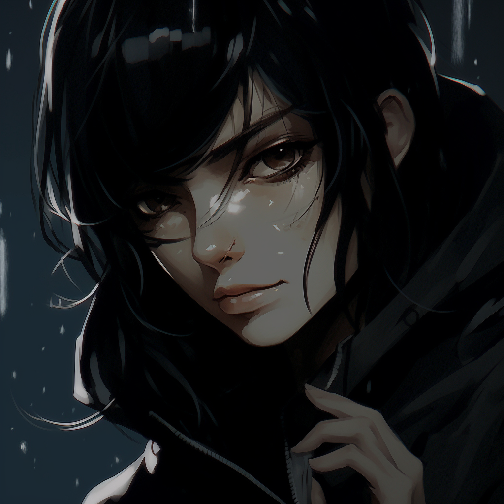 A female character in dark costume with intense eyes, high contrast shadows and fine details. anime pfp dark highlighting female characters pfp for discord.