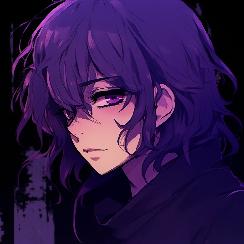 Male anime character with an intense stare, purple eyes filled with emotion and stark vibrancy. purple anime male pfp pfp for discord.