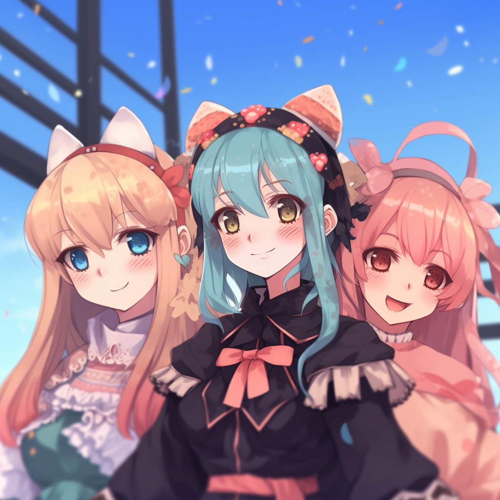 Anime magical girls with sparkling wands, bright contrast and starry background. aesthetic anime trio pfp pfp for discord.