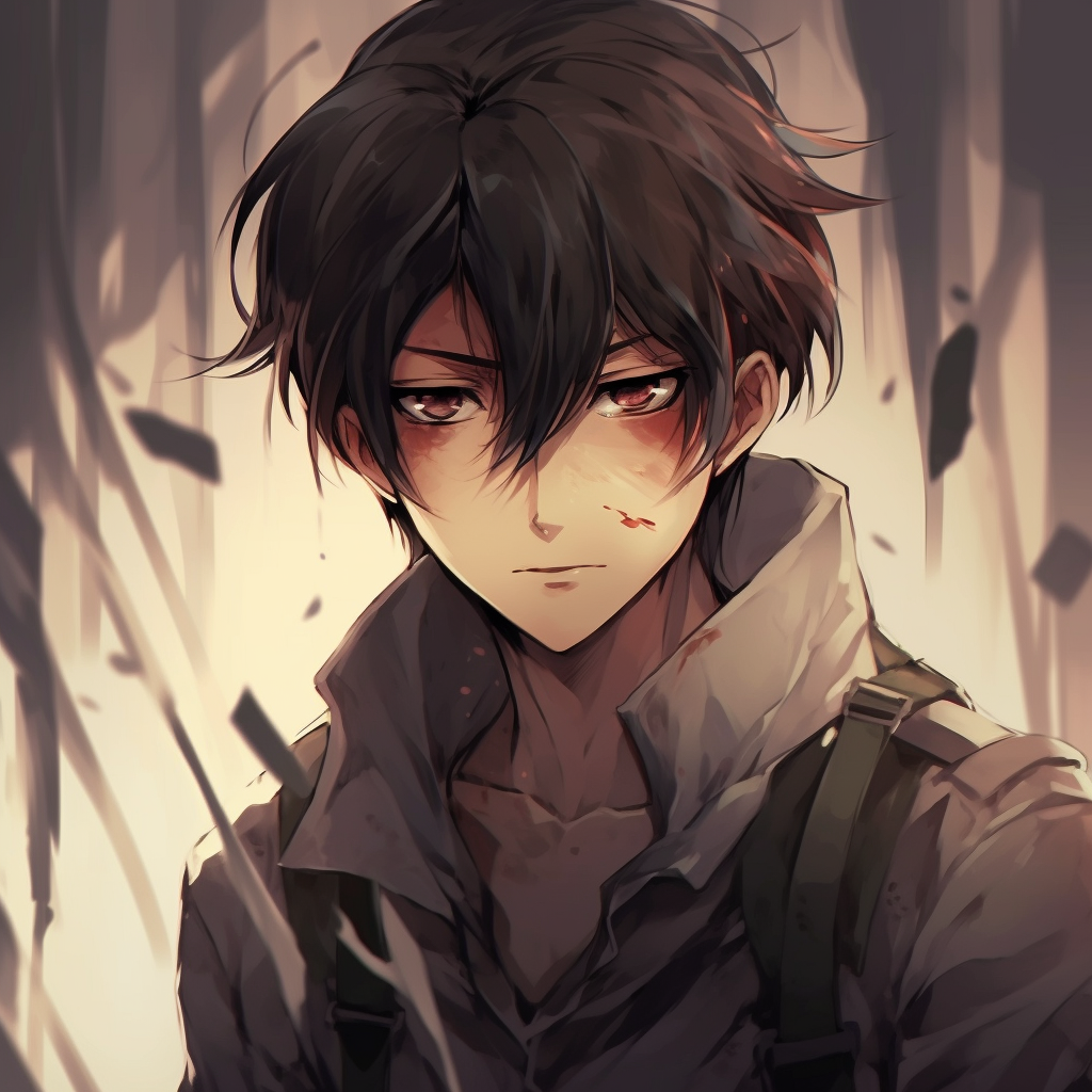 Eren Yeager in a focused pose, detail on facial features and use of muted tones. anime male character pfp
