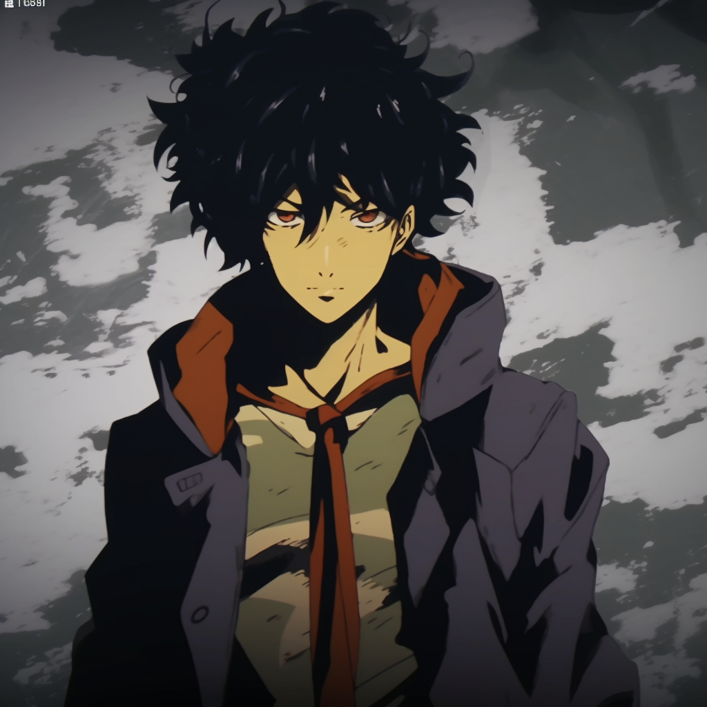 L from Death Note, portrayed with messy line work and smudged coal shades. top grunge anime aesthetic