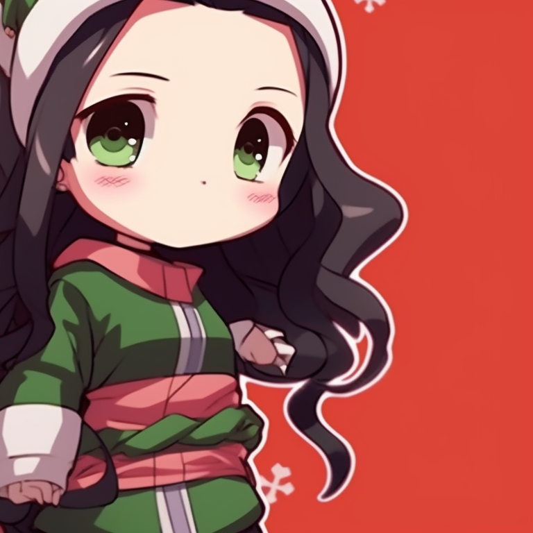 Profile close-ups of Nezuko and Tanjiro, vibrant contrasting colors and sharp details. matching nezuko and tanjiro christmas pfp pfp for discord.