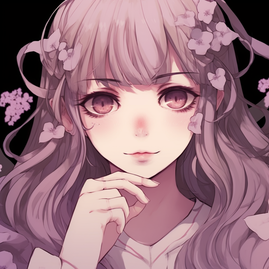 A serene girl amidst cherry blossoms, delicate linework and soft colors. 512x512 anime pfp aesthetic