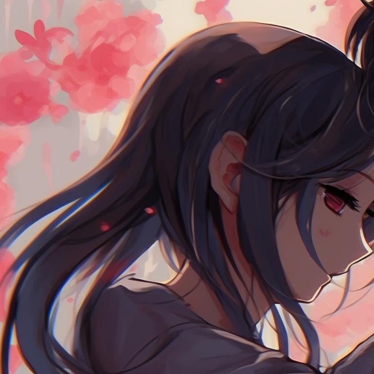 Two characters standing closely, pastel background and tender interaction. anime matching pfp couple art pfp for discord.