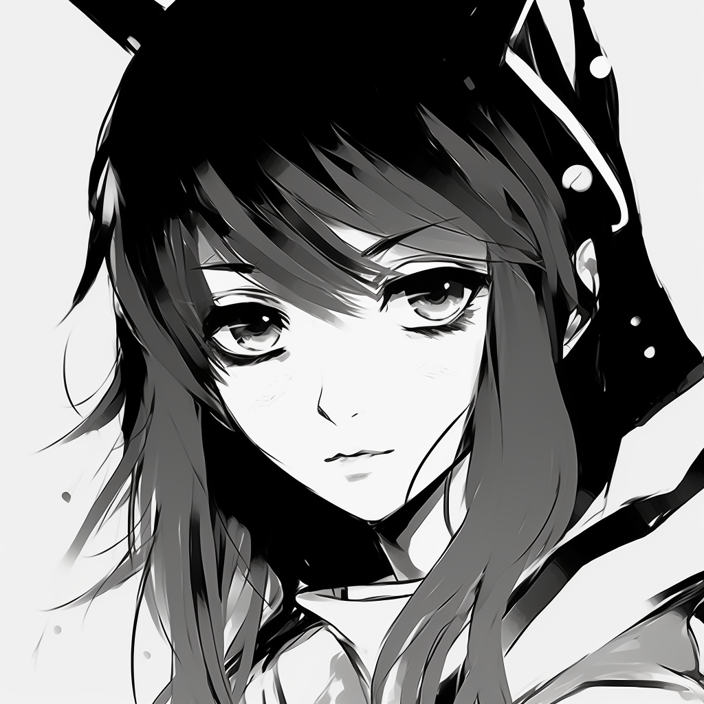 A stylized silhouette of an anime character, with emphasis on unique hairstyle and outline. unique anime black and white pfp
