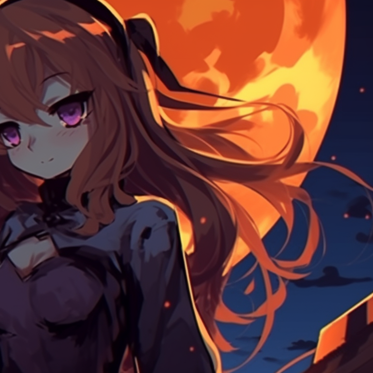 Two characters, gloomy colors and gothic style, together under a full moon. halloween ambient pfp matching pfp for discord.