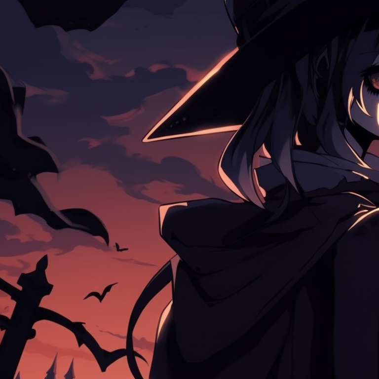 Two characters under an orange sky with bats flying around, one dressed as a witch and the other as a vampire. anime halloween pfp ideas pfp for discord.