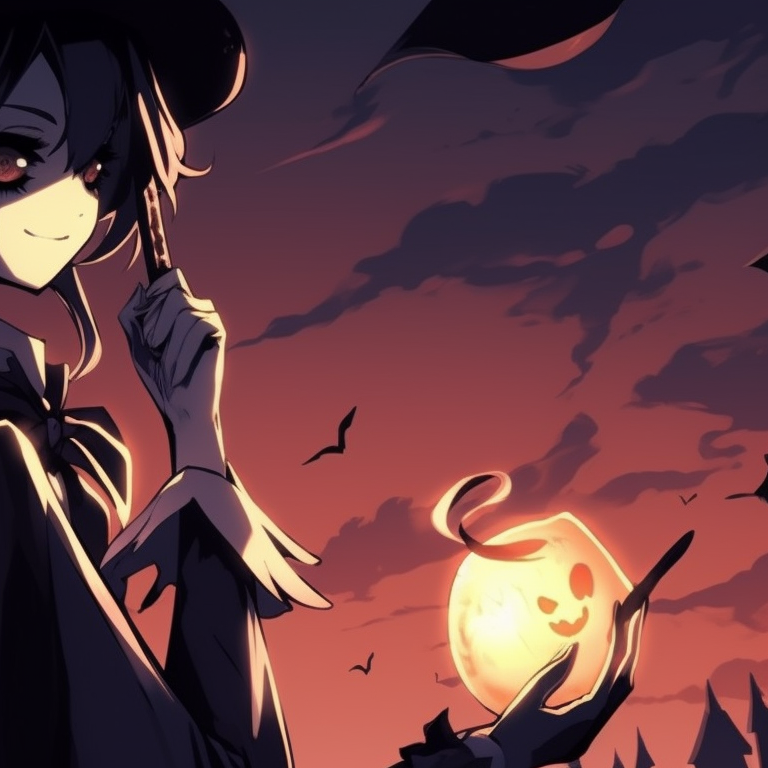 Two characters under an orange sky with bats flying around, one dressed as a witch and the other as a vampire. anime halloween pfp ideas pfp for discord.