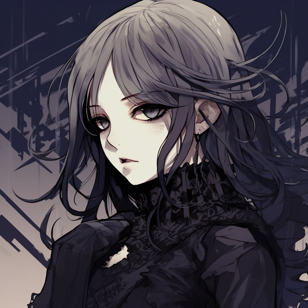 Innovative gothic anime styling portrayed through heavy makeup and detailed clothing, high contrast. preparing goth anime girl pfp pfp for discord.