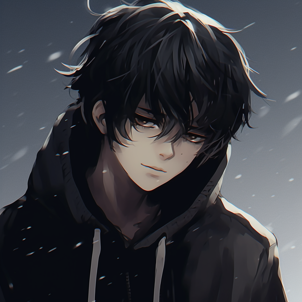 Up-close portrait of an anime guy, highlighting smoldering eyes and contrasting shadows. anime guy pfp styles