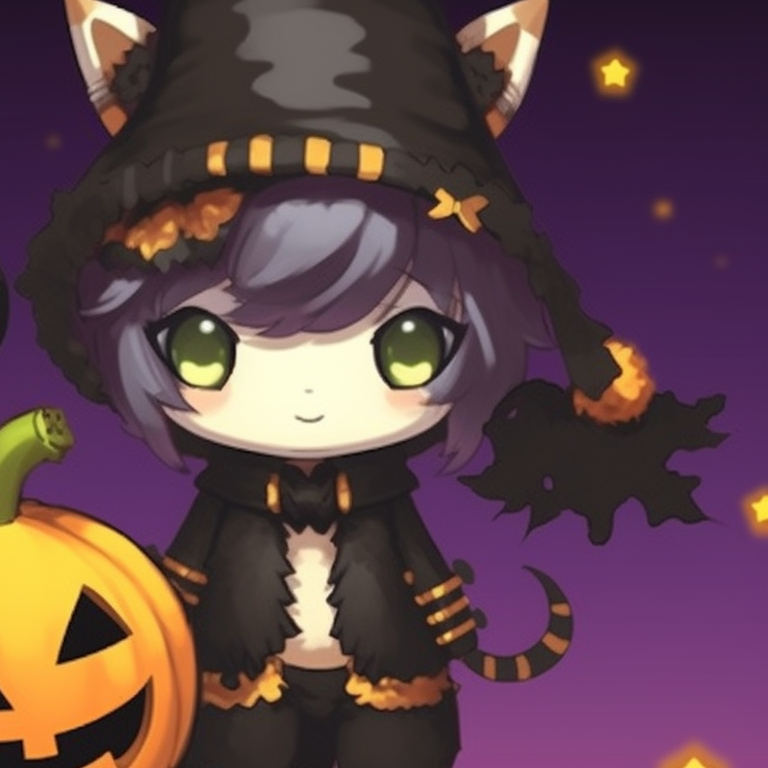Two cat characters, with orange and black hues, donning witch hats. cat pfp in halloween theme pfp for discord.