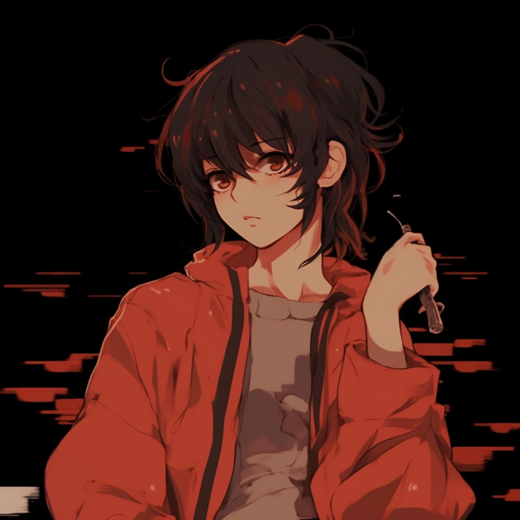 Anime PFP displaying luminous red shades conveying a relaxed vibe. color-themed chill anime pfp