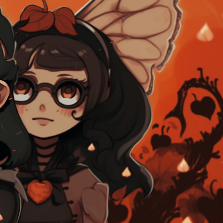 Luz and Amity with witch hats, soft shading mixed with intense, dark hues. creative luz and amity matching pfp for halloween pfp for discord.