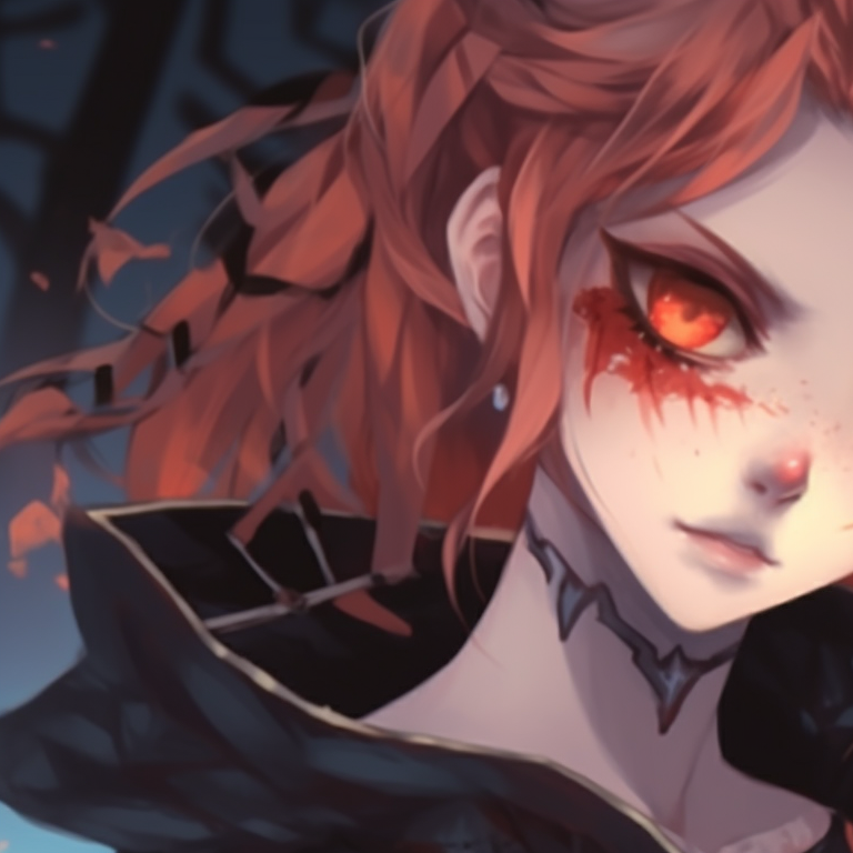 Close-up of two characters in witch costumes, intricate details and daring colors. top matching pfp for couples in anime halloween theme pfp for discord.