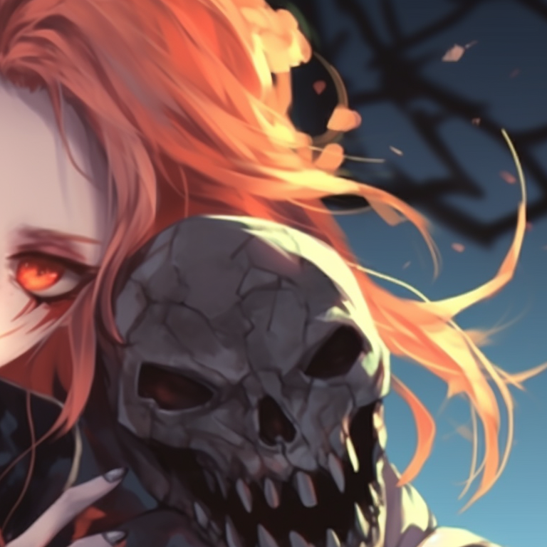 Close-up of two characters in witch costumes, intricate details and daring colors. top matching pfp for couples in anime halloween theme pfp for discord.