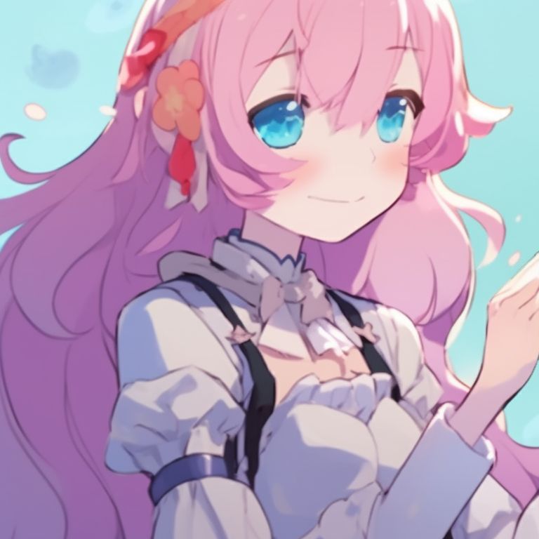 Four characters in matching pink outfits, sparkling eyes, and light-hearted moods. girly matching pfp for 4 friends pfp for discord.