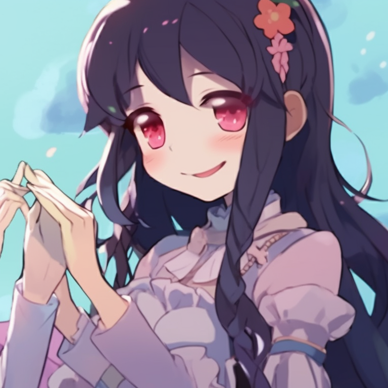 Four characters in matching pink outfits, sparkling eyes, and light-hearted moods. girly matching pfp for 4 friends pfp for discord.