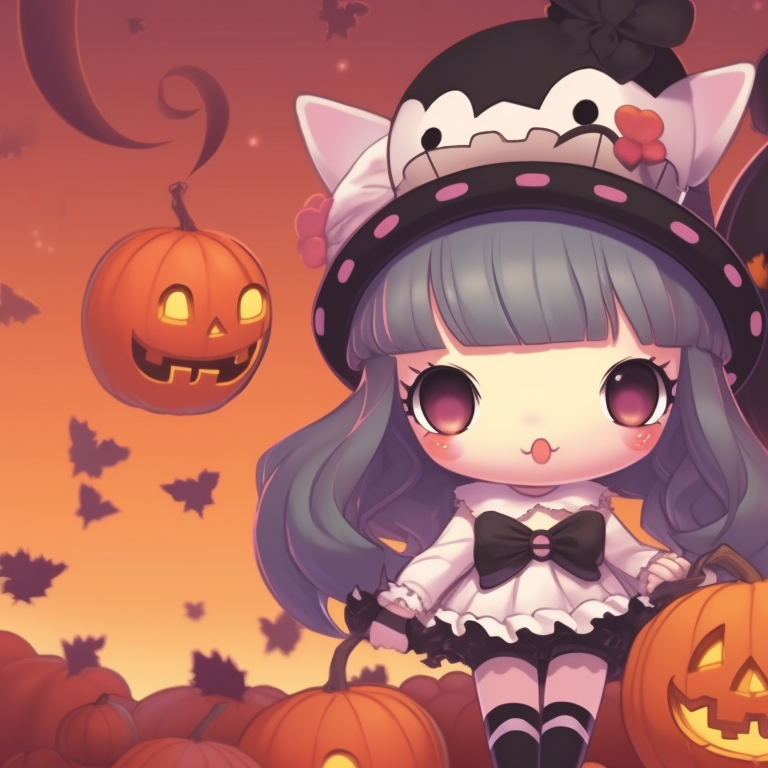 Characters in an intimate pose, draped in eerie Halloween aura, dark and cool colors used. kuromi matching pfp halloween theme outfits pfp for discord.