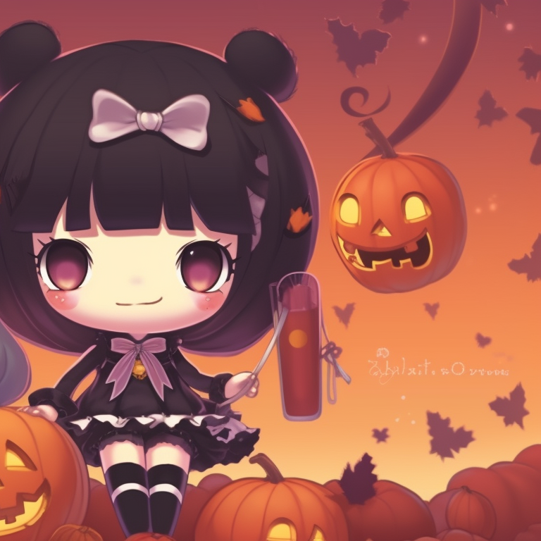 Characters in an intimate pose, draped in eerie Halloween aura, dark and cool colors used. kuromi matching pfp halloween theme outfits pfp for discord.