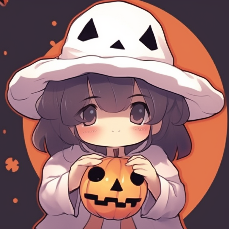 Two characters interacting, one holding a carved pumpkin, featuring bright and contrasting colors. cute halloween pfp matching pfp for discord.