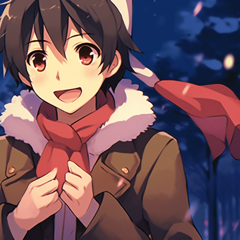 Two characters, Christmas decorations and cozy atmosphere, exchanging holiday wishes. cozy matching gif christmas pfp pfp for discord.