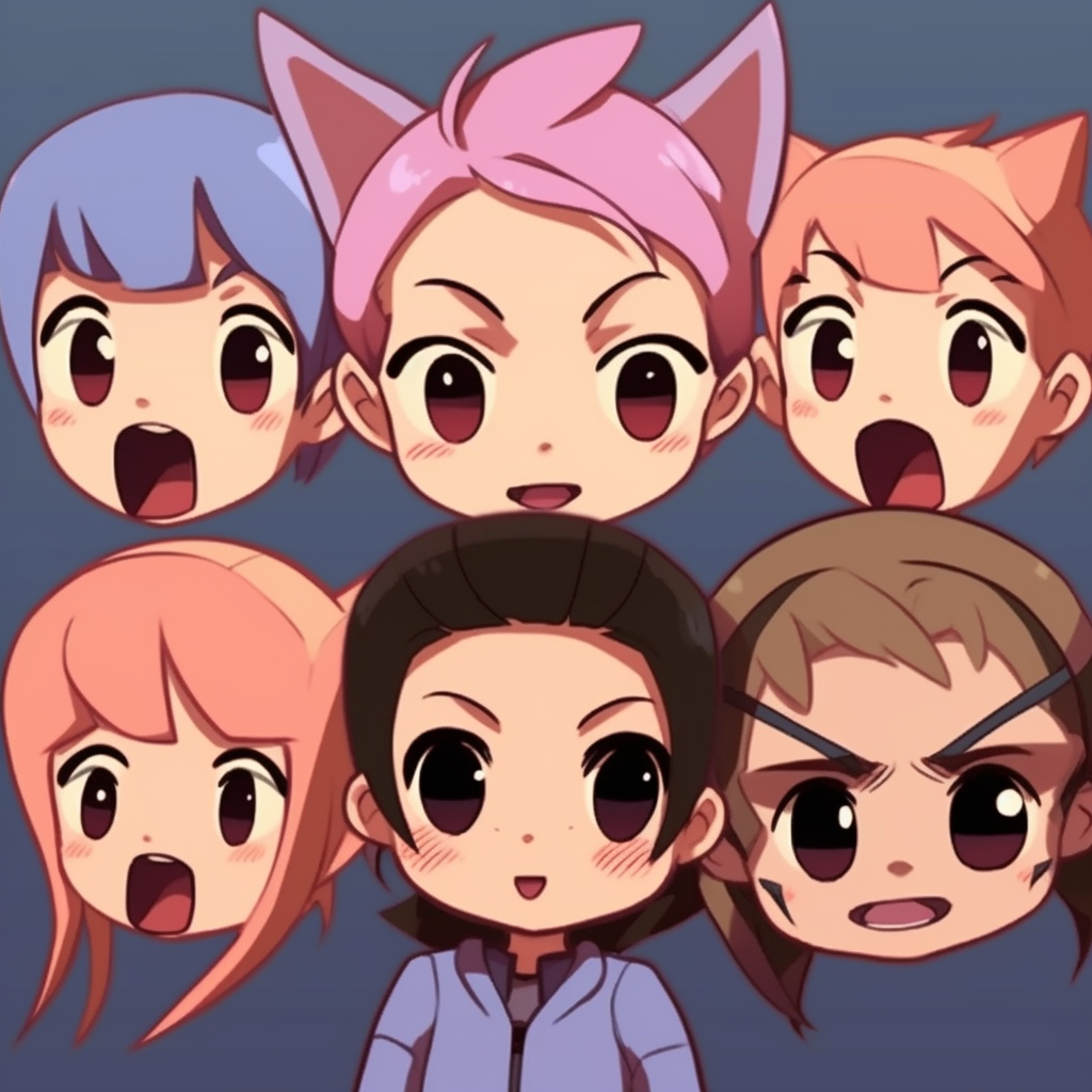 Chibi anime characters making funny faces, with exaggerated expressions and bright colors. funny animated anime pfps