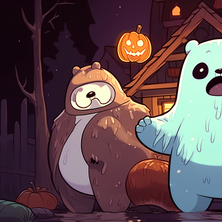 Grizzly wrapped in mummy bandages, earthy tones and exaggerated facial expression. creative we bare bears matching halloween pfps pfp for discord.