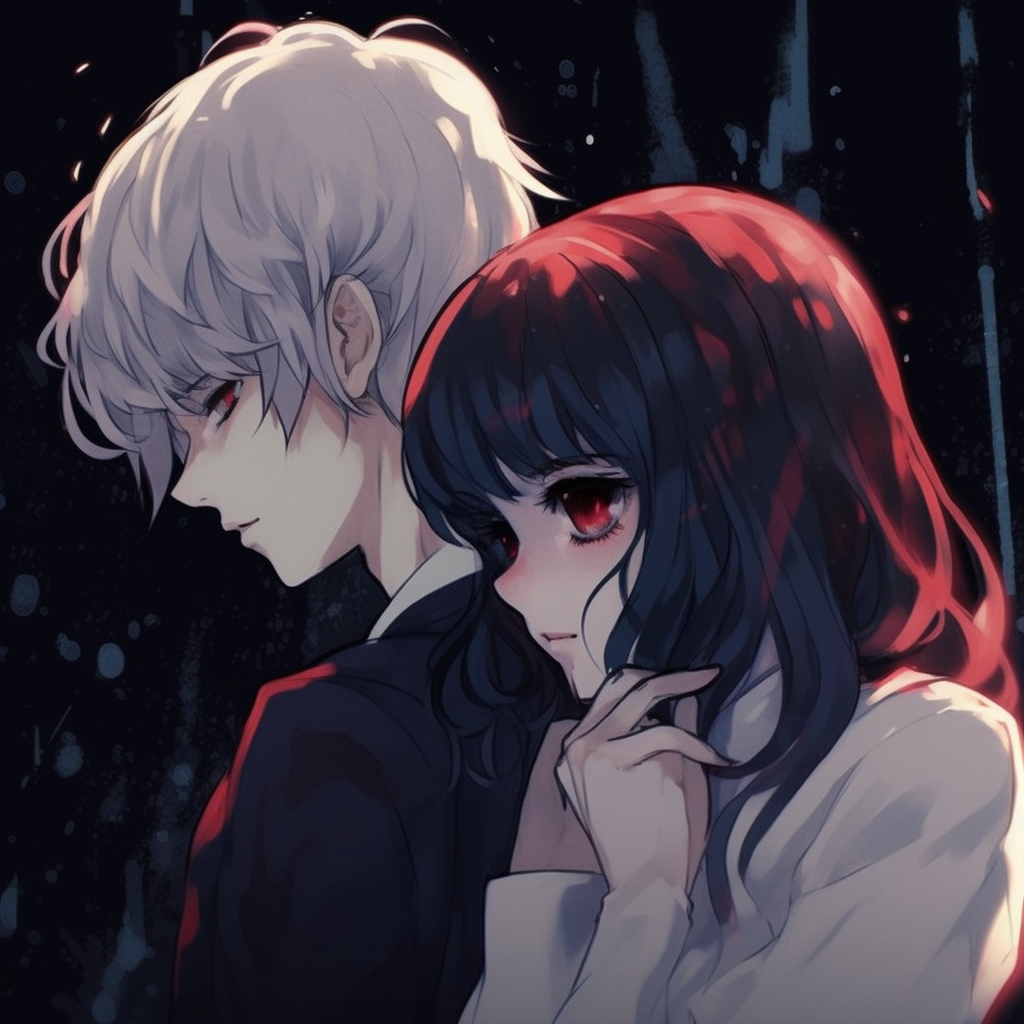 Close-up of Kaneki and Touka, contrasting colors and detailed faces. impressive anime couple pfp