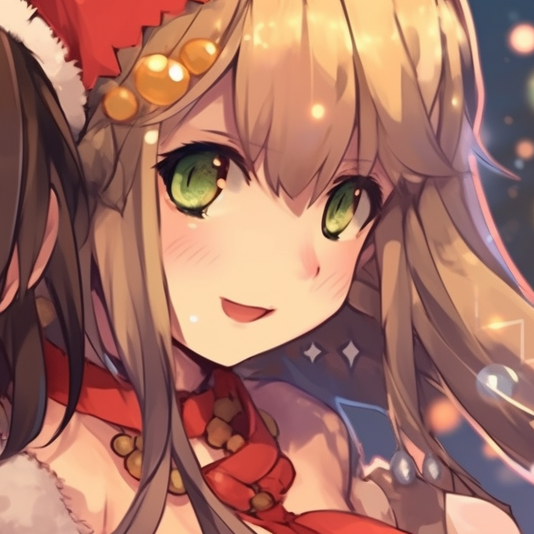 Two laughing characters, peppy colors, with jingle bells in their hair. beautiful matching christmas pfp anime pfp for discord.