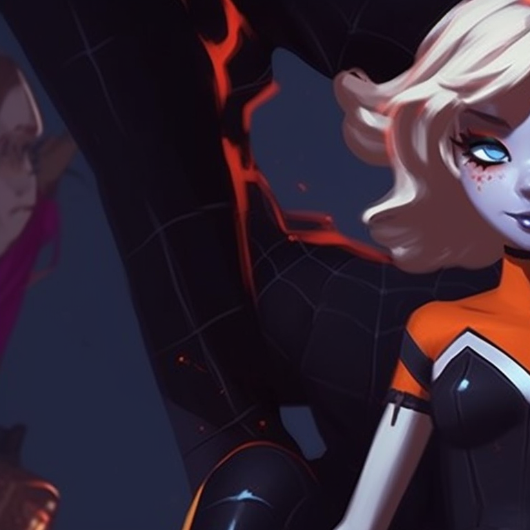 Gwen and Miles illustrating a playful vibe, vibrant Halloween colors, multiple tiny details to enhance the spooky theme. gwen and miles halloween theme matching wallpapers pfp for discord.