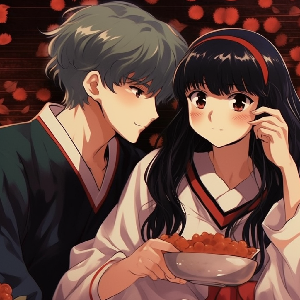 Inuyasha and Kagome together, vibrant colors with traditional Japanese background. ultimate relationship goal: matching anime pfp for lifelong couples
