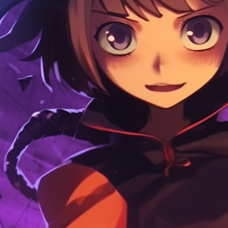 Two characters grinning menacingly, saturated colors and sharp lines. unique non-anime halloween matching pfp themes pfp for discord.