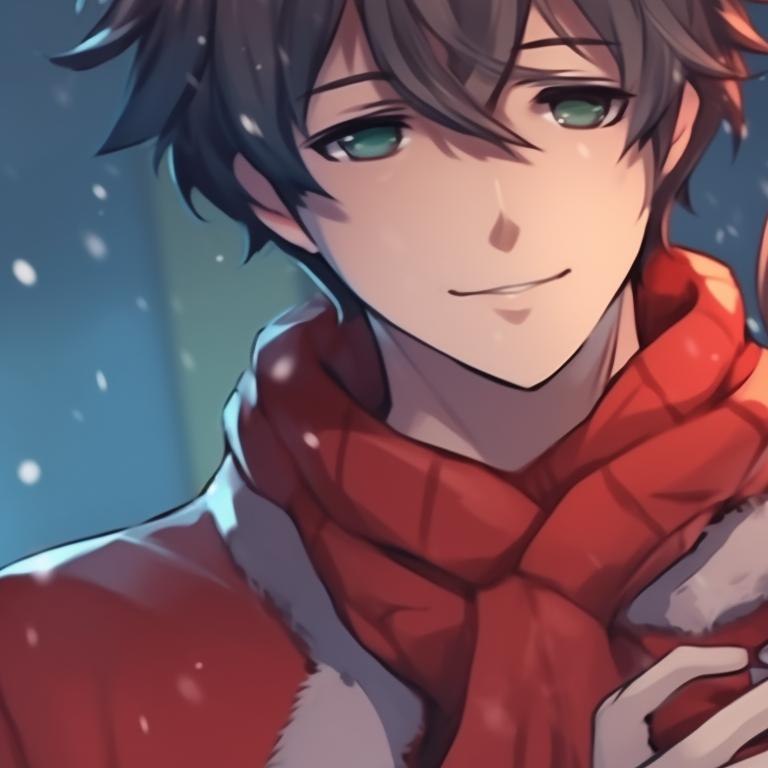 Two characters sharing a moment under a mistletoe, characterized by soft colors and festive atmosphere. romantic matching pfp christmas pfp for discord.
