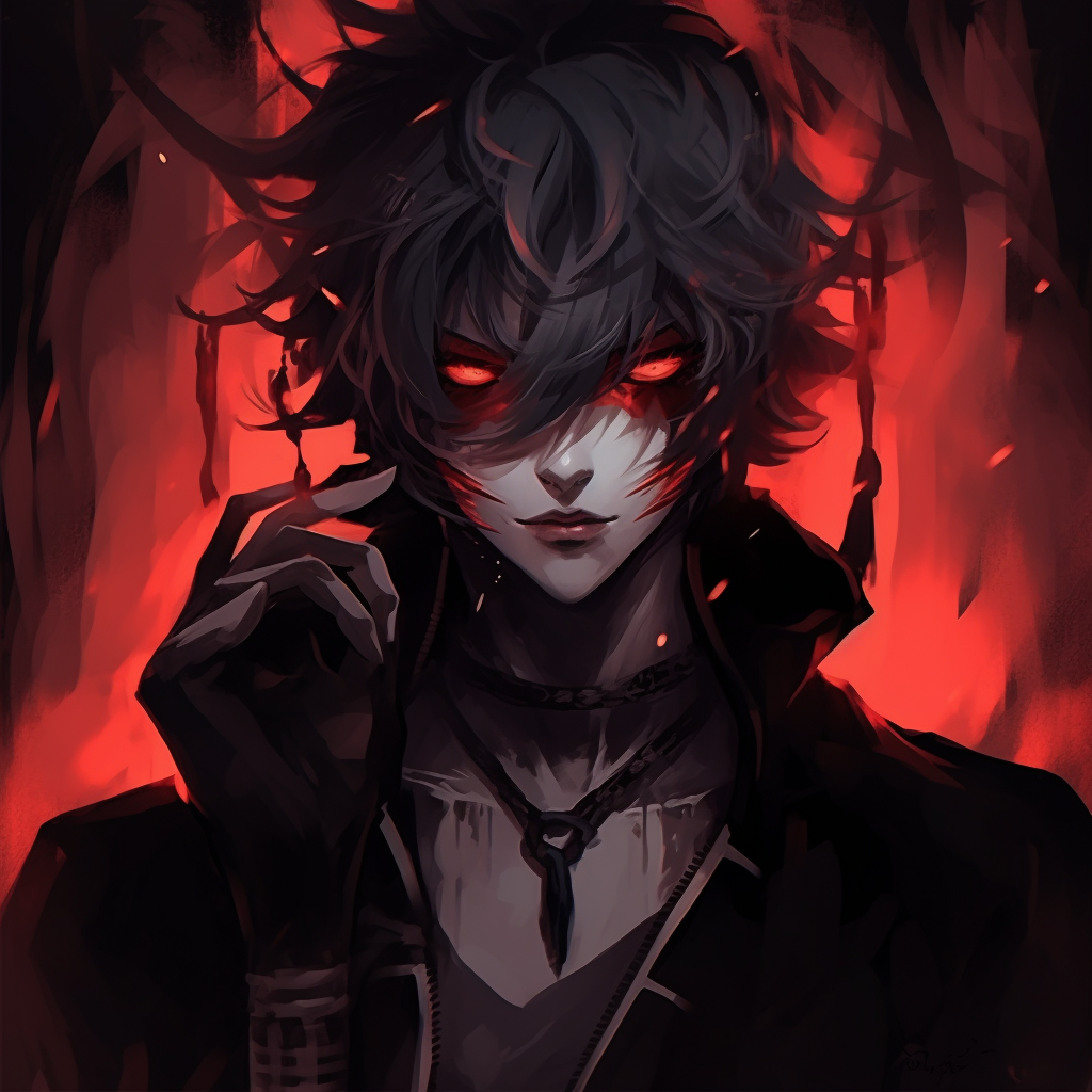 A profile of an angry demonic character, intense expression with deep colors. demonic anime pfp for characters pfp for discord.