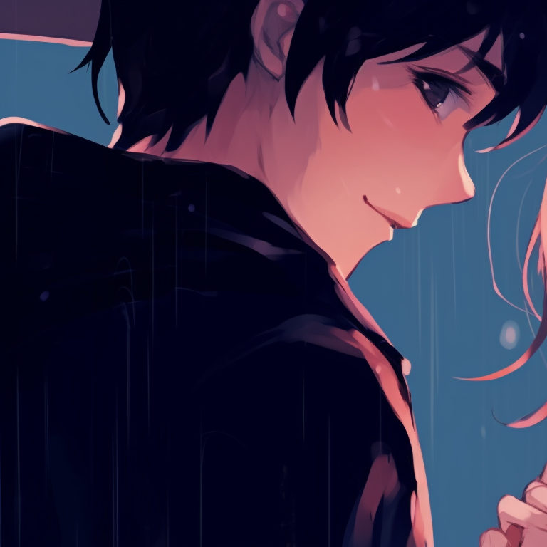 Two characters under an umbrella, rainy theme with blue tones. adorable matching pfp for couples pfp for discord.