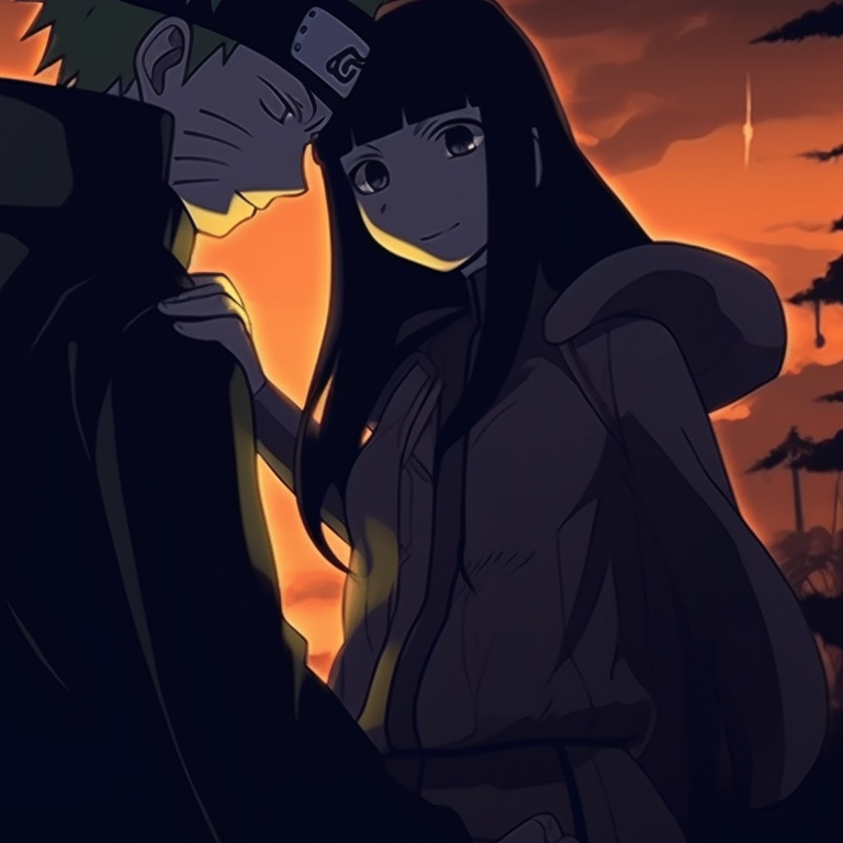 Naruto and Hinata as heroic figures in a Halloween backdrop, luminescent effects and strong features. naruto and hinata matching pfp halloween theme ideas pfp for discord.