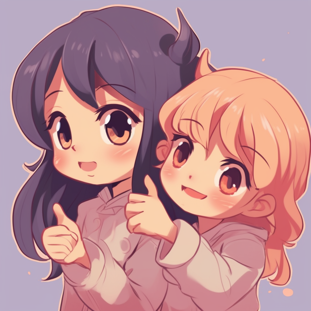 Adorable chibi characters, one with an ice cream and the other with a smiling expression, pastel colors. adorable matching anime pfp for best friends