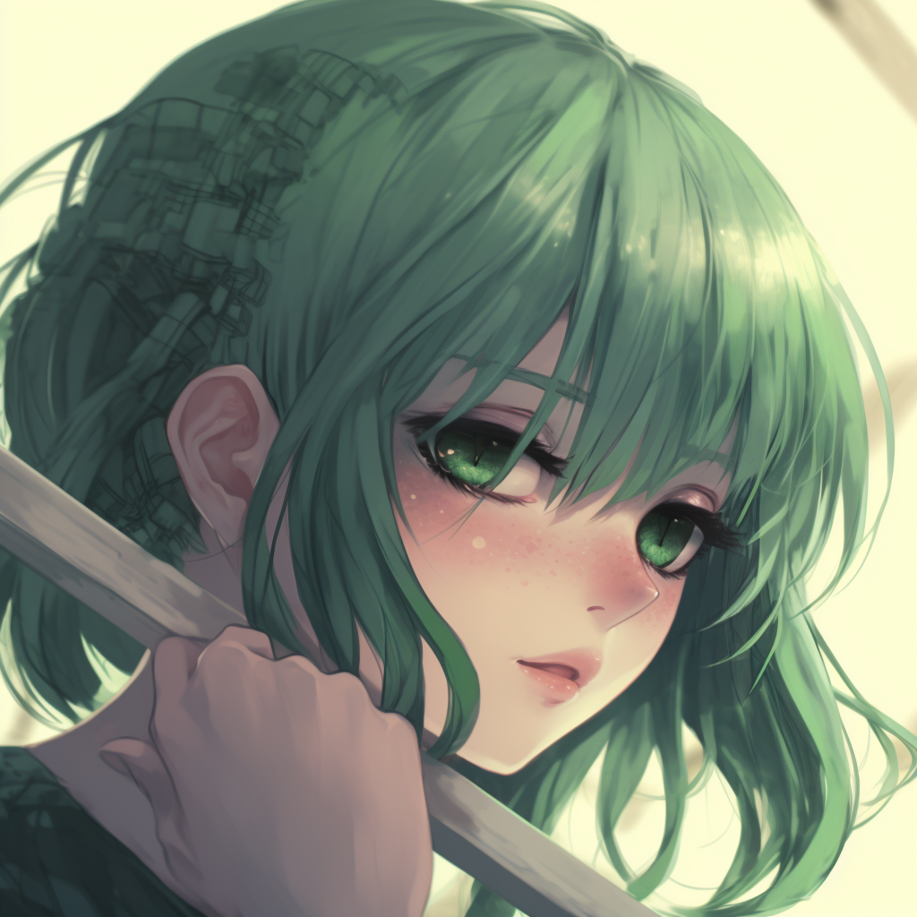 A cheerful anime girl with vibrant green eyes, strong linework and warm tones. verdant green anime pfp girl